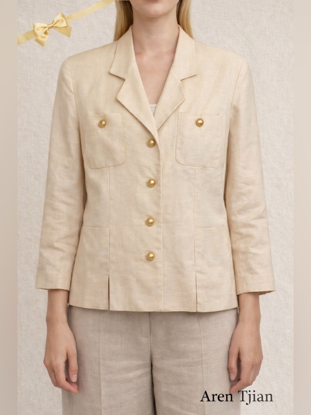 Aren Tjian For Kenar Linen Blazer Pale Yellow Button Jacket Size 12